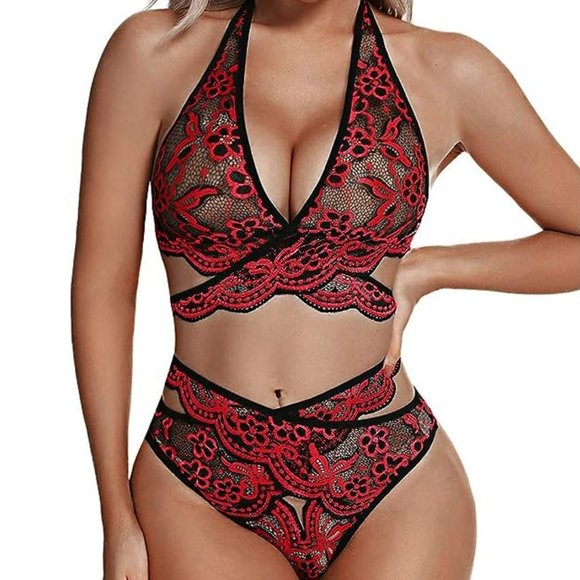 Other - Lace Mesh Halter Sexy Lingerie Set with Wireless Bra and Panty Underwear